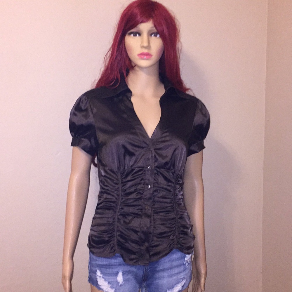 Brown satin Guess button down shirt